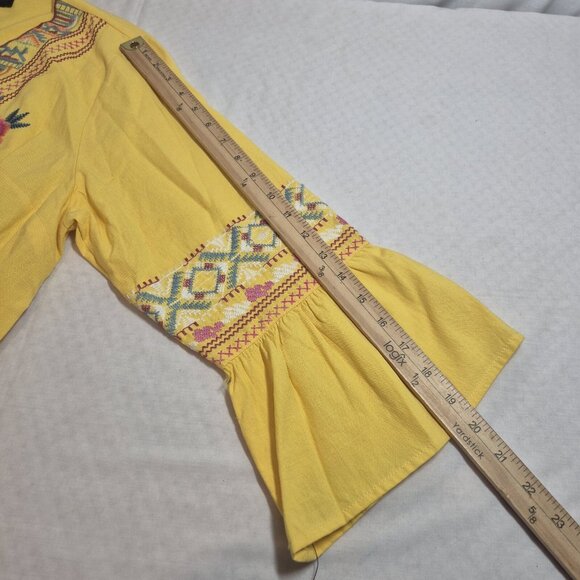 Calessa Women's Blouse Size L Boho  V-Neck Long Sleeve Yellow Embroidered (53) - Picture 7 of 11
